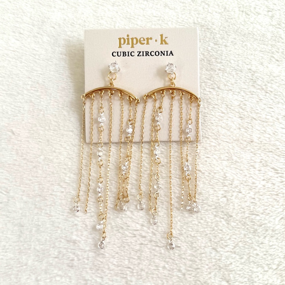 Piper K Dainty Gold Linear Chandelier Dangle Earrings w/ Cubic Zirconia